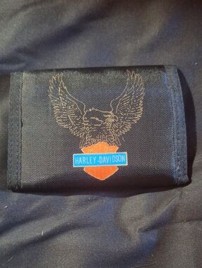Harley-Davidson Black Trifold Velcro Wallet with Orange Shield and Blue Logo